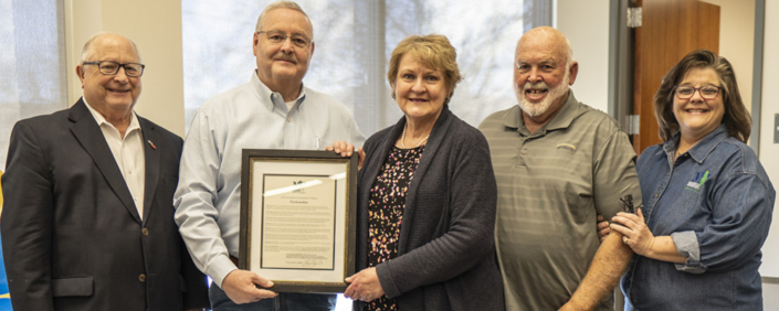 1. From left, City Manager Ed Thatcher, Helen Thompson and Mayor Pro Tem Tim Dale who issued a proclamation in Mrs. Thompson’s honor.